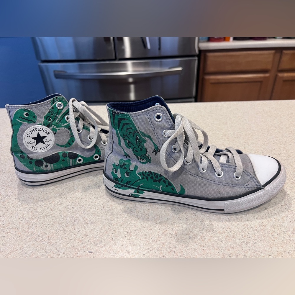 Converse All Star High Top Kids Size 3 Dinosaur Shoes Gray Green Canvas rare - Picture 5 of 14